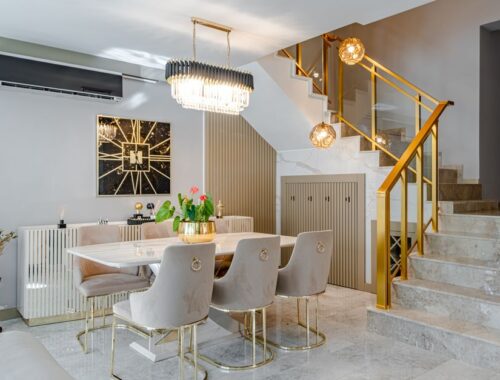 Stijlvolle eettafel geschikt voor 6 personen in een moderne woonkamer, perfect voor eten en samenzijn.